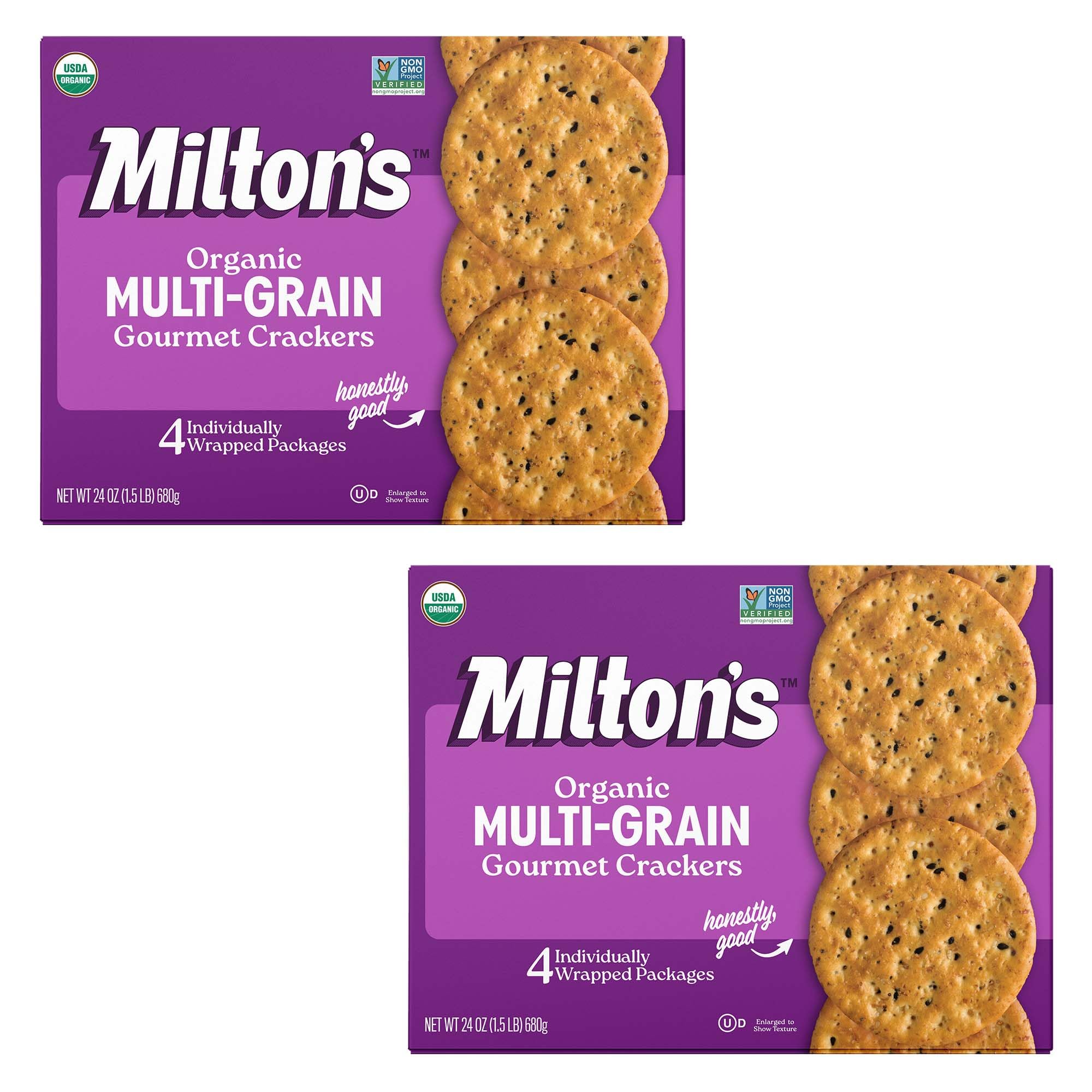 Milton's Organic Multi-Grain Crackers pack front, ideal for entertaining on a cheese board.
