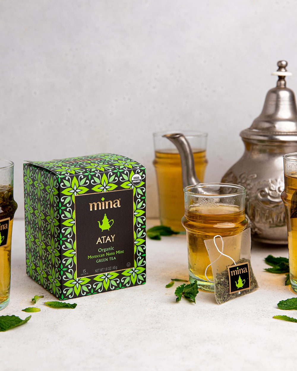 Biodegradable sachets from Mina Atay supporting sustainable tea rituals.