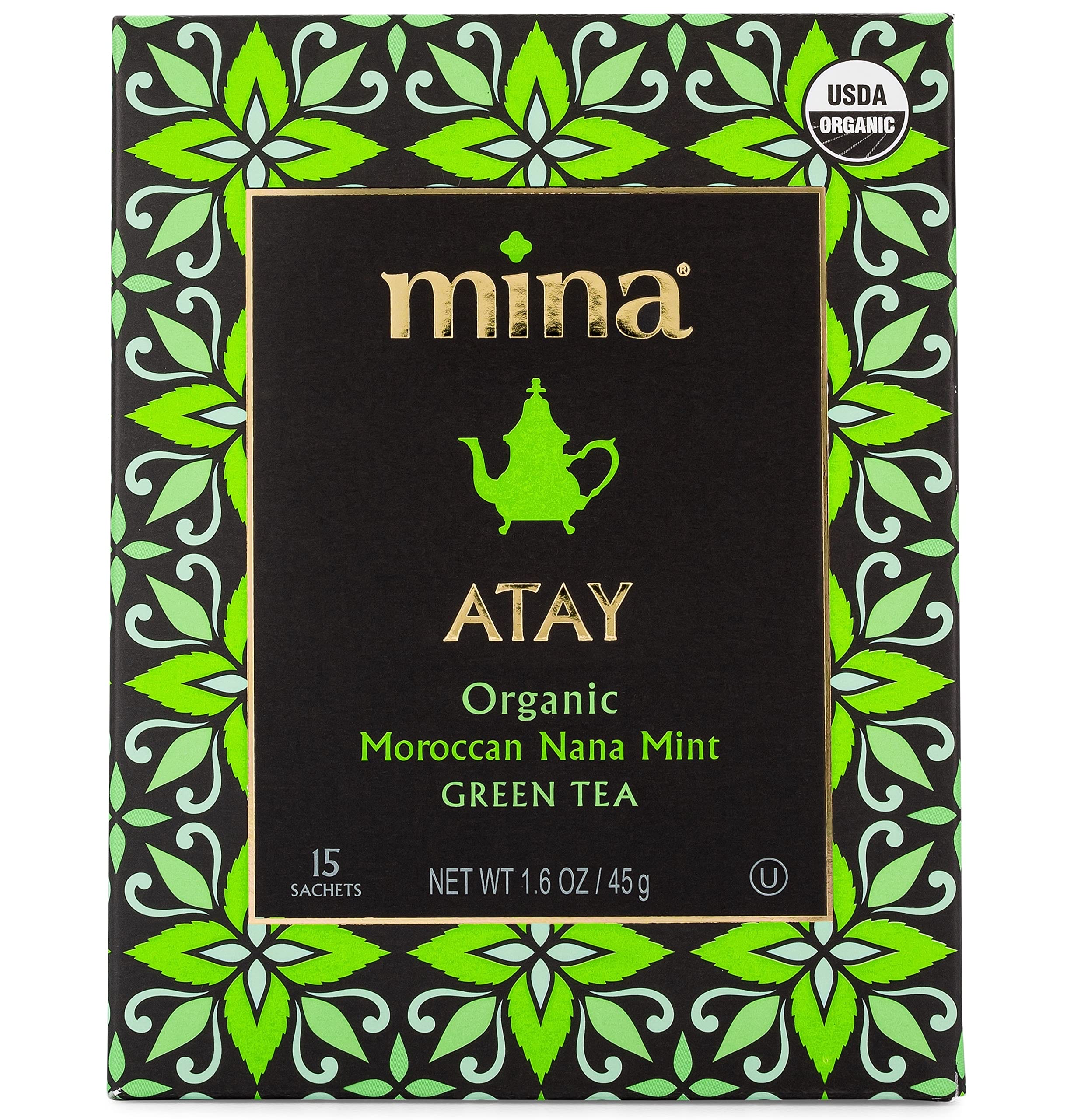 Mina Atay organic green tea sachets ready for quick infusion.