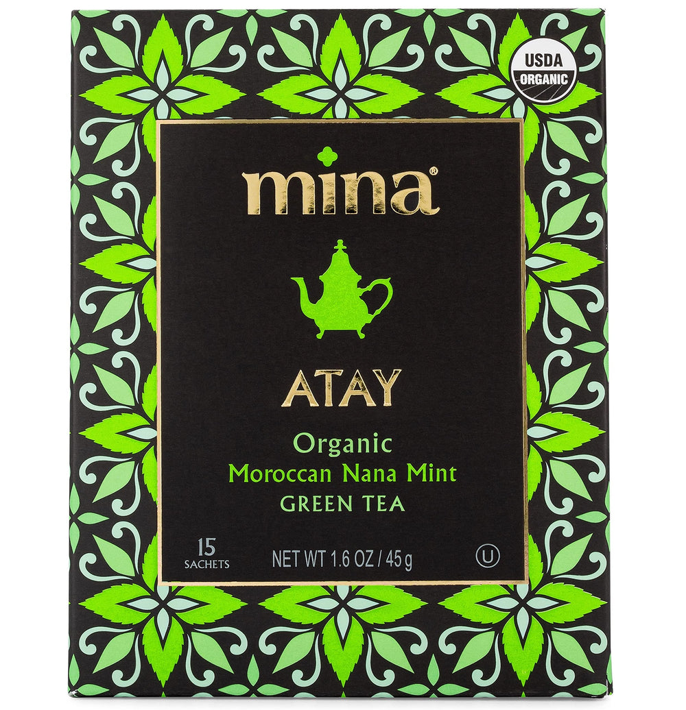 Mina Atay organic green tea sachets ready for quick infusion.