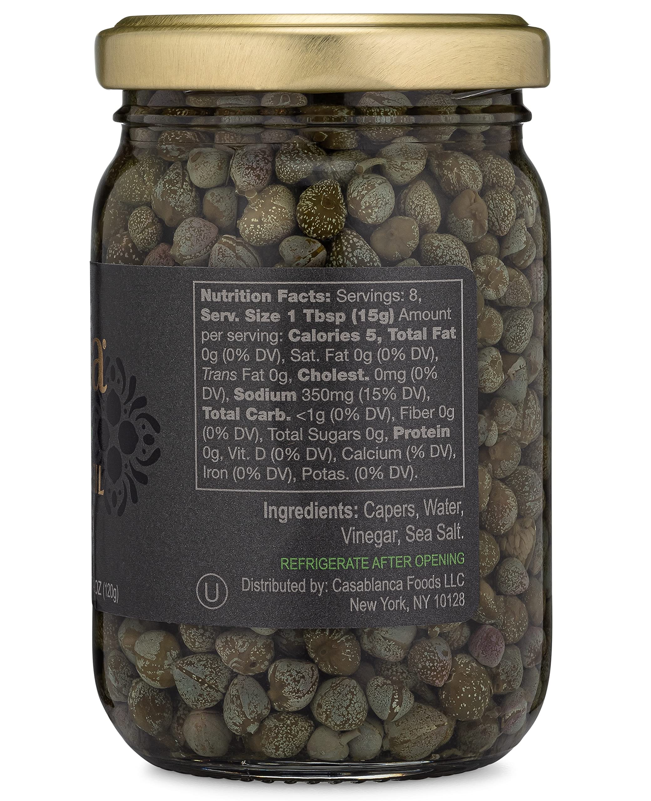 Mina Capers Non Pareil jar back highlights simple, additive-free ingredients