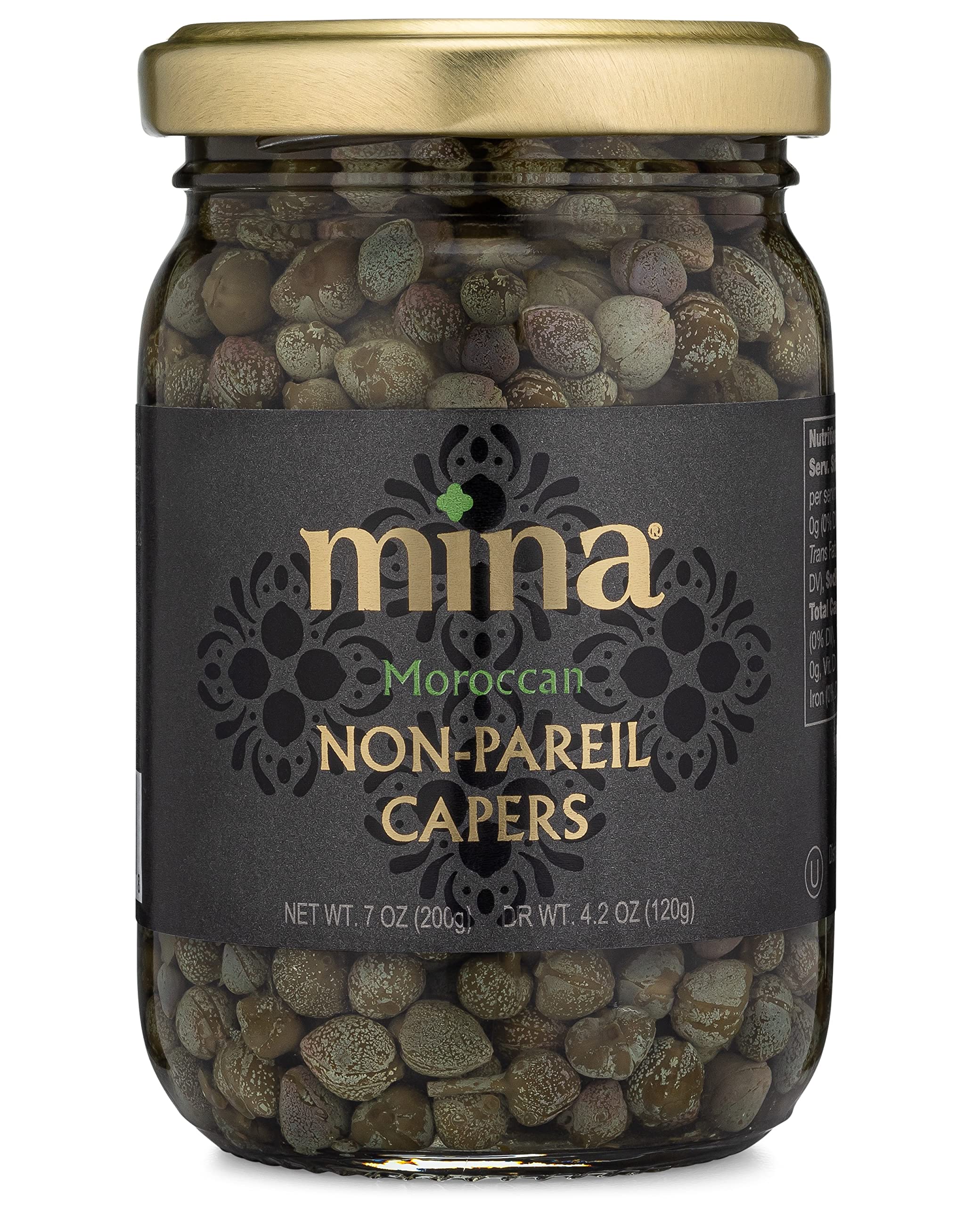 Mina Capers Non Pareil jar front shows premium capers ready to elevate Mediterranean dishes
