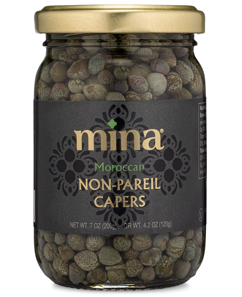 Mina Capers Non Pareil jar front shows premium capers ready to elevate Mediterranean dishes
