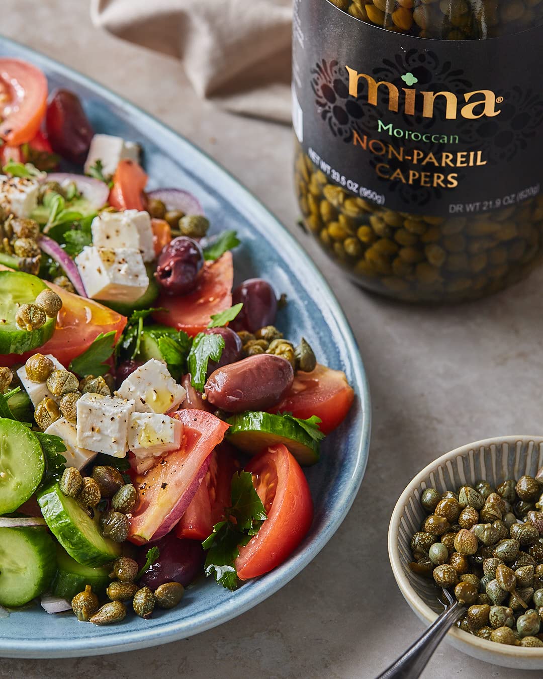 Mina Capers Non Pareil tangy lemony flavor conveyed by the emerald pearls