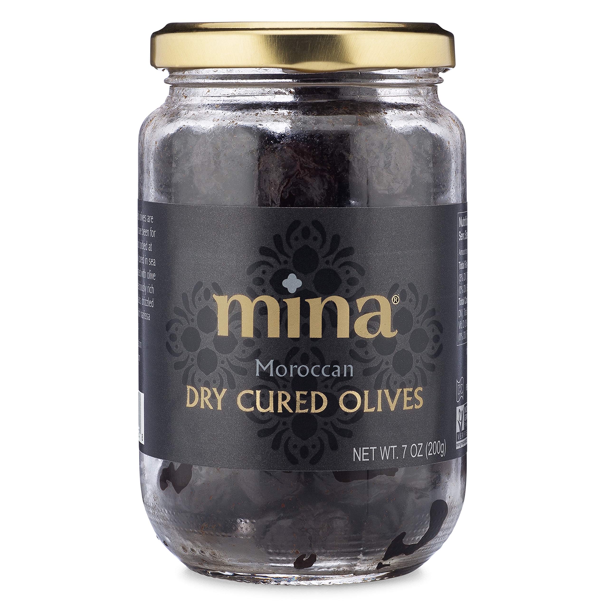 Mina dry cured black olives in a jar closeup highlighting natural flavor