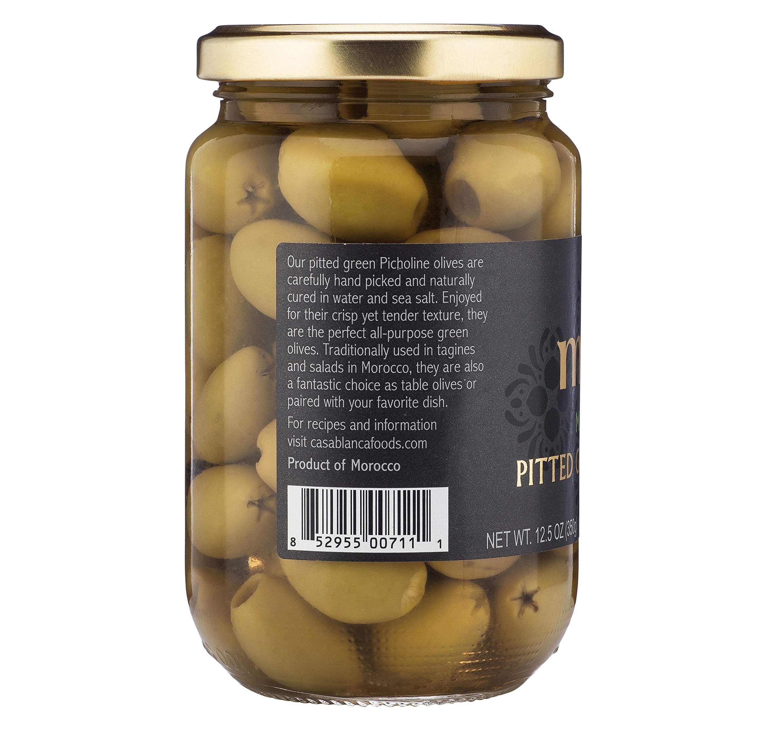 Mina Green Olives Pitted in dish, versatile salad and antipasto option.