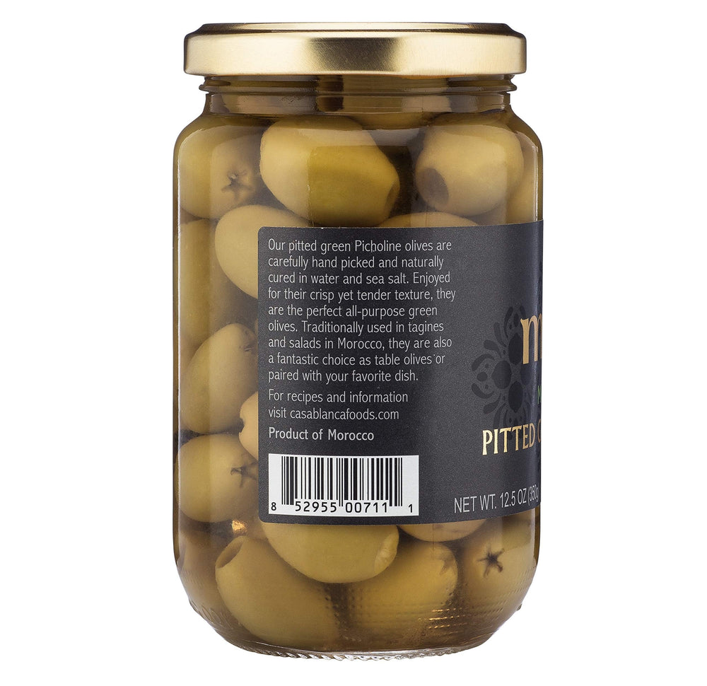 Mina Green Olives Pitted in dish, versatile salad and antipasto option.