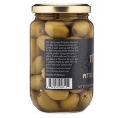 Mina Green Olives Pitted in dish, versatile salad and antipasto option.