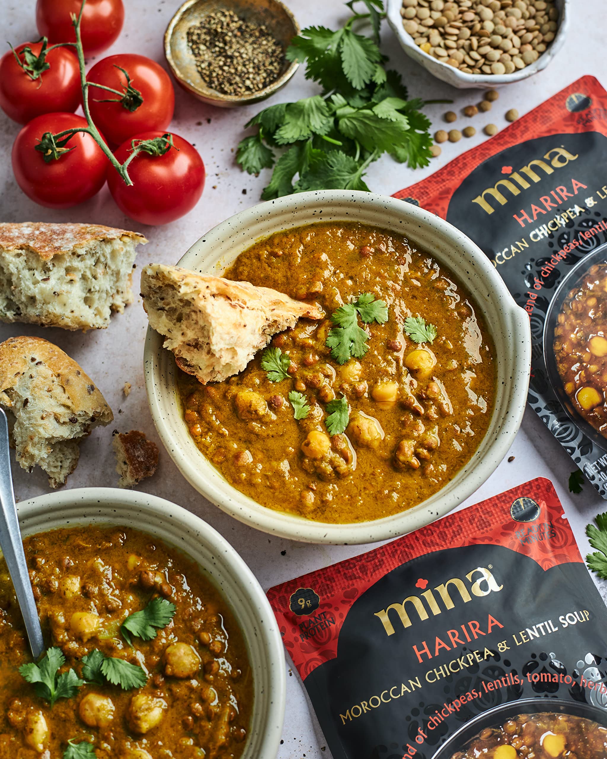 Mina Harira packaging shows Non-GMO, Kosher, Gluten-Free attributes.