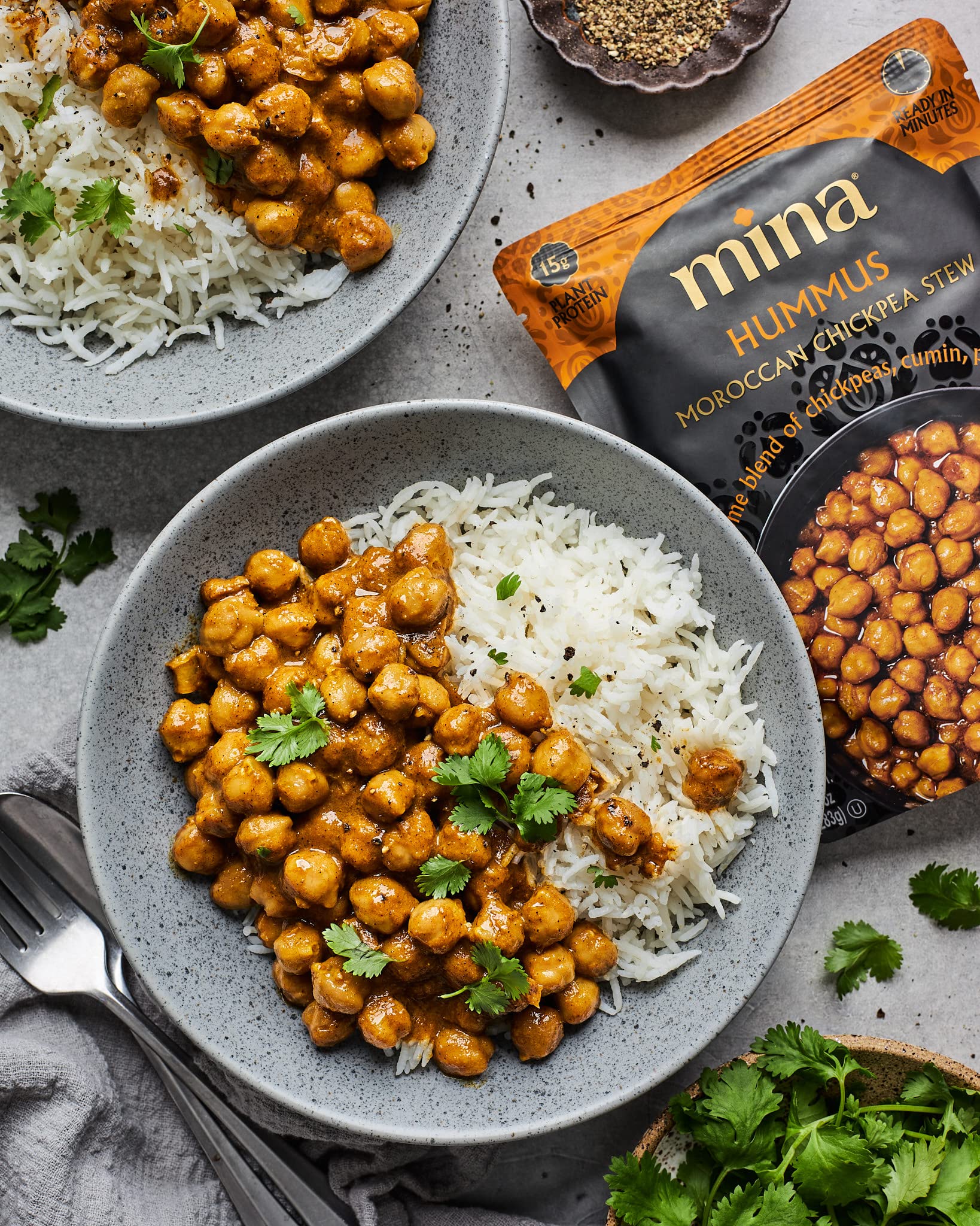 Mina Hummus Moroccan Chickpea Stew close-up shows chickpeas and spices