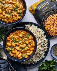 Mina Loubia Moroccan White Bean Stew ingredients close-up highlighting cannellini beans.