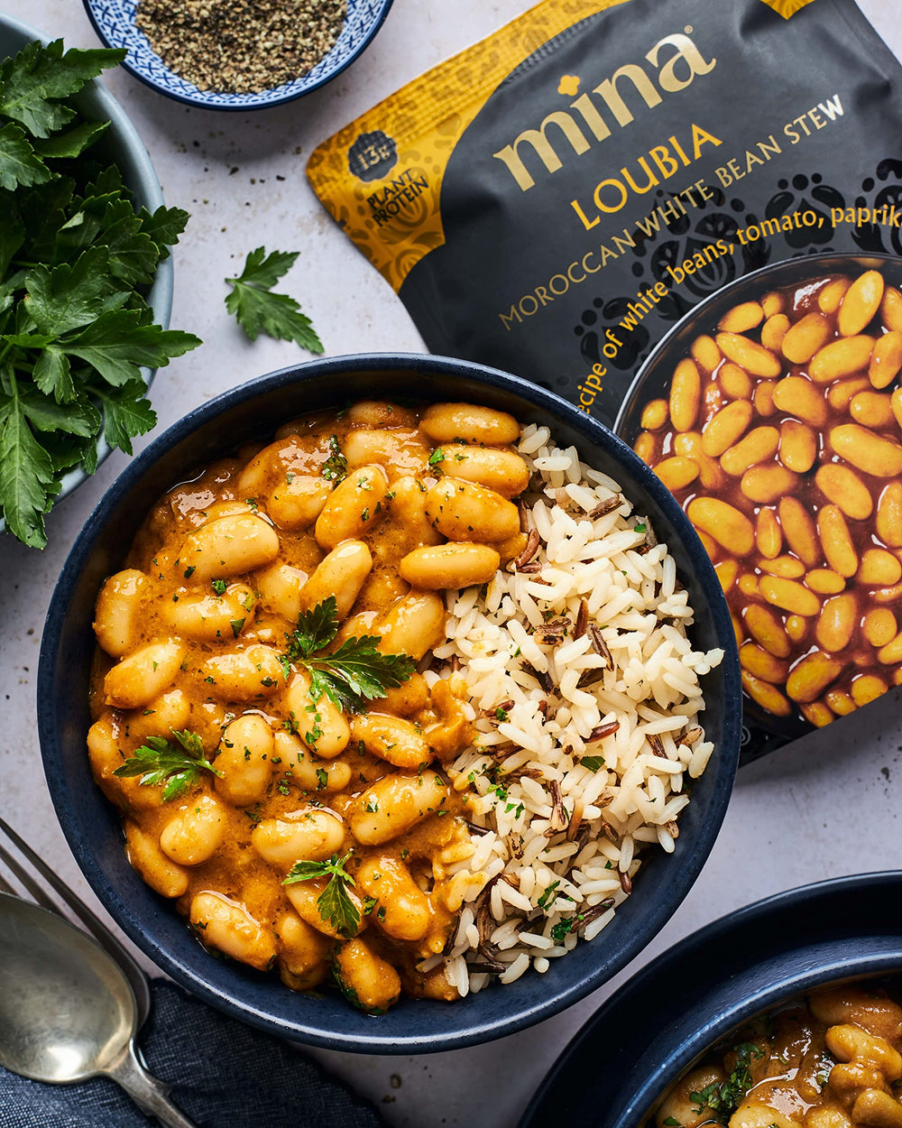 Mina Loubia Moroccan White Bean Stew microwave-ready cup saves time.