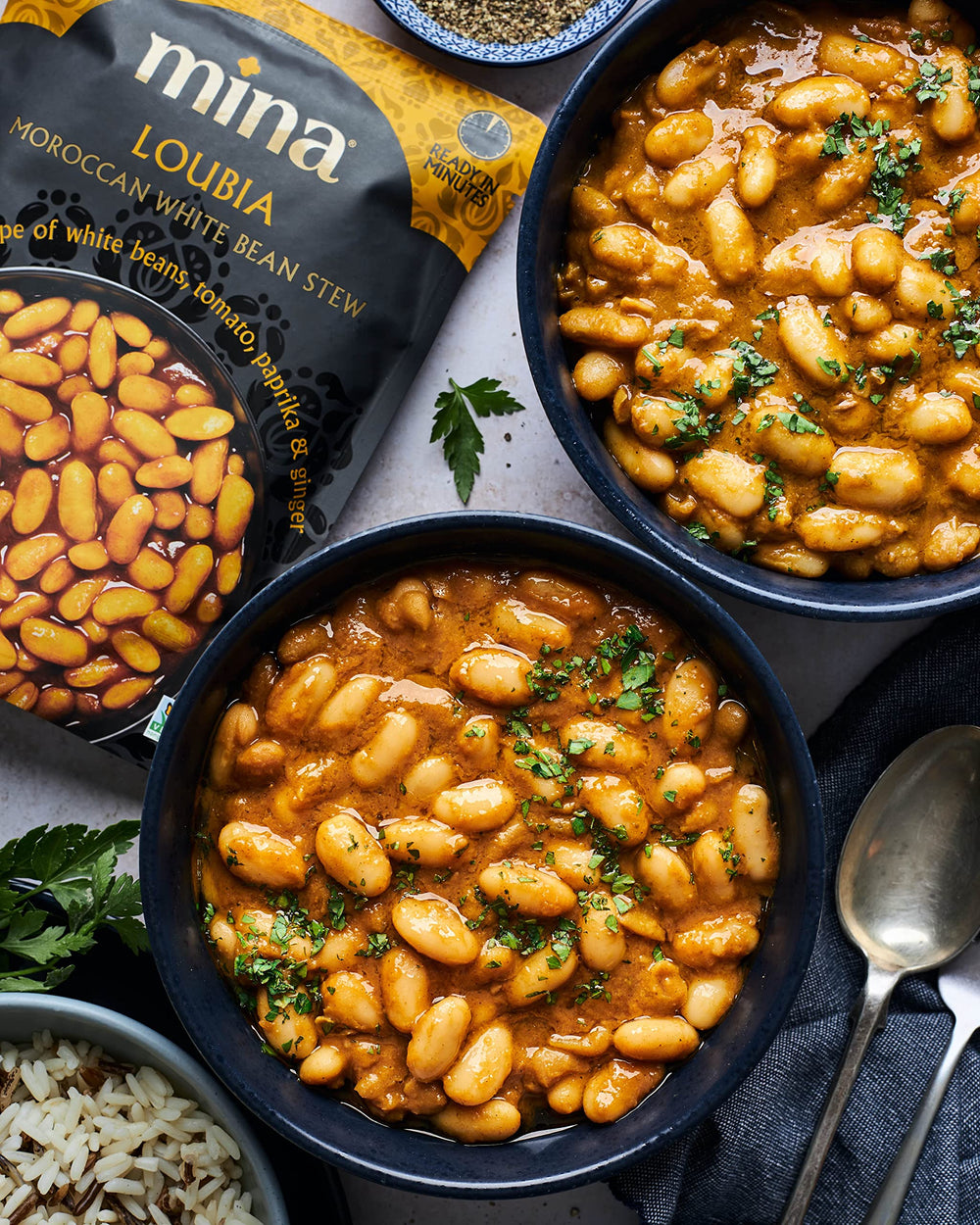 Mina Loubia Moroccan White Bean Stew serving bowl ready-to-serve comfort.