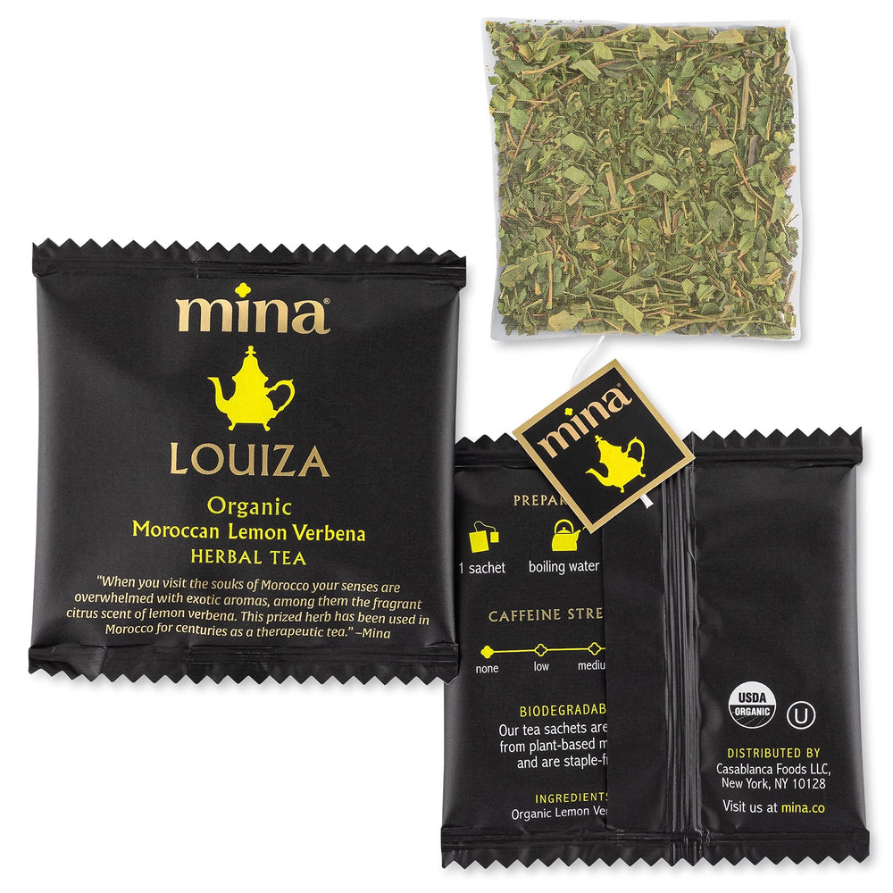 Mina Louiza tea aroma closeup emphasizes citrusy lemon verbena scent and calm vibes.