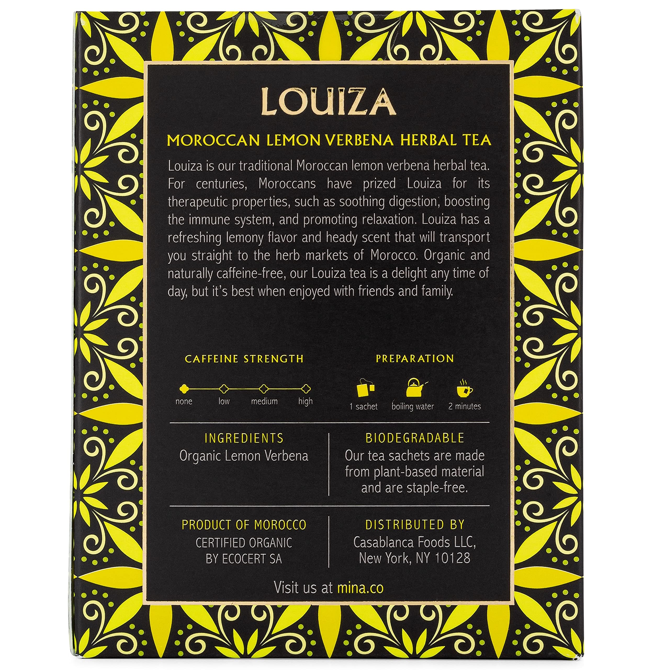 Mina Louiza tea steeped cup reveals refreshing aroma and caffeine free daytime sipping.