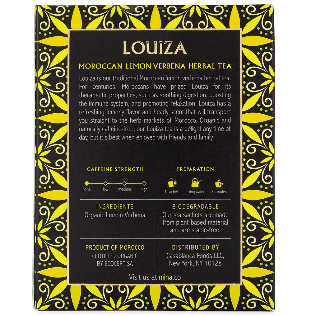 Mina Louiza tea steeped cup reveals refreshing aroma and caffeine free daytime sipping.