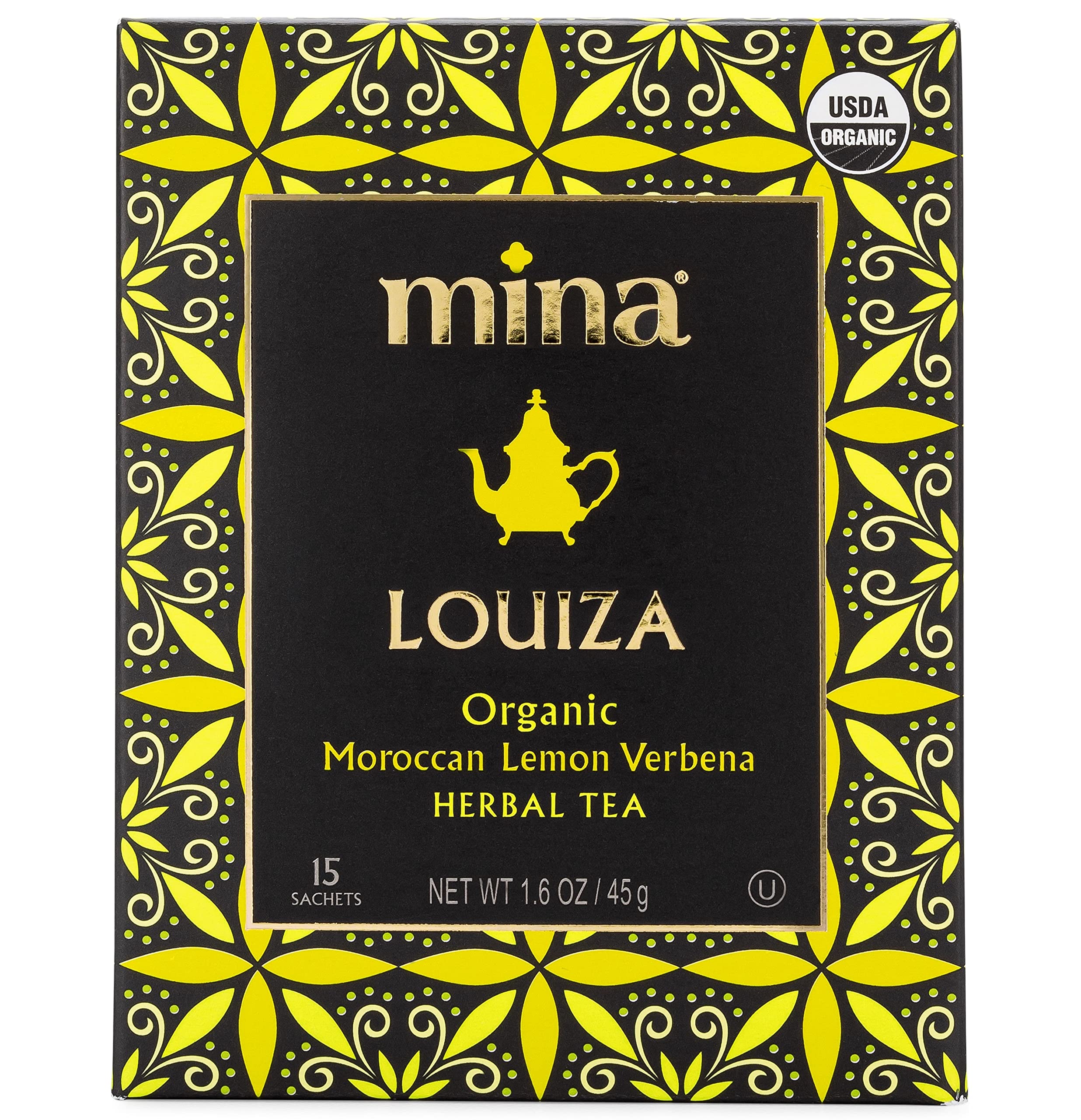 Mina Louiza tea bags closeup highlight biodegradable sachets for eco friendly brewing.