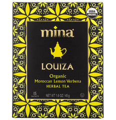 Mina Louiza tea bags closeup highlight biodegradable sachets for eco friendly brewing.