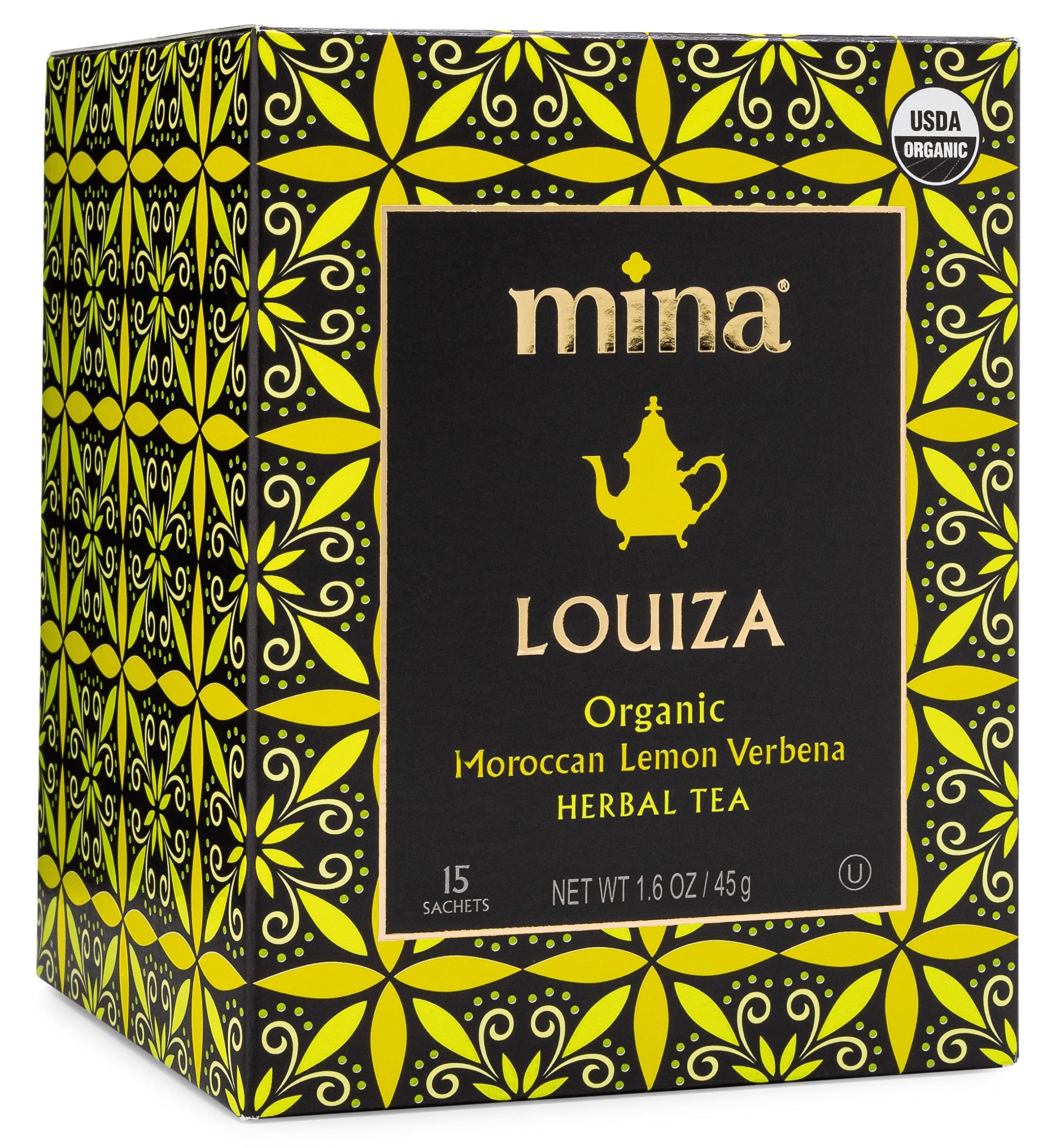 Mina Louiza tea box front, organic Moroccan lemon verbena for a fragrant start to your day.
