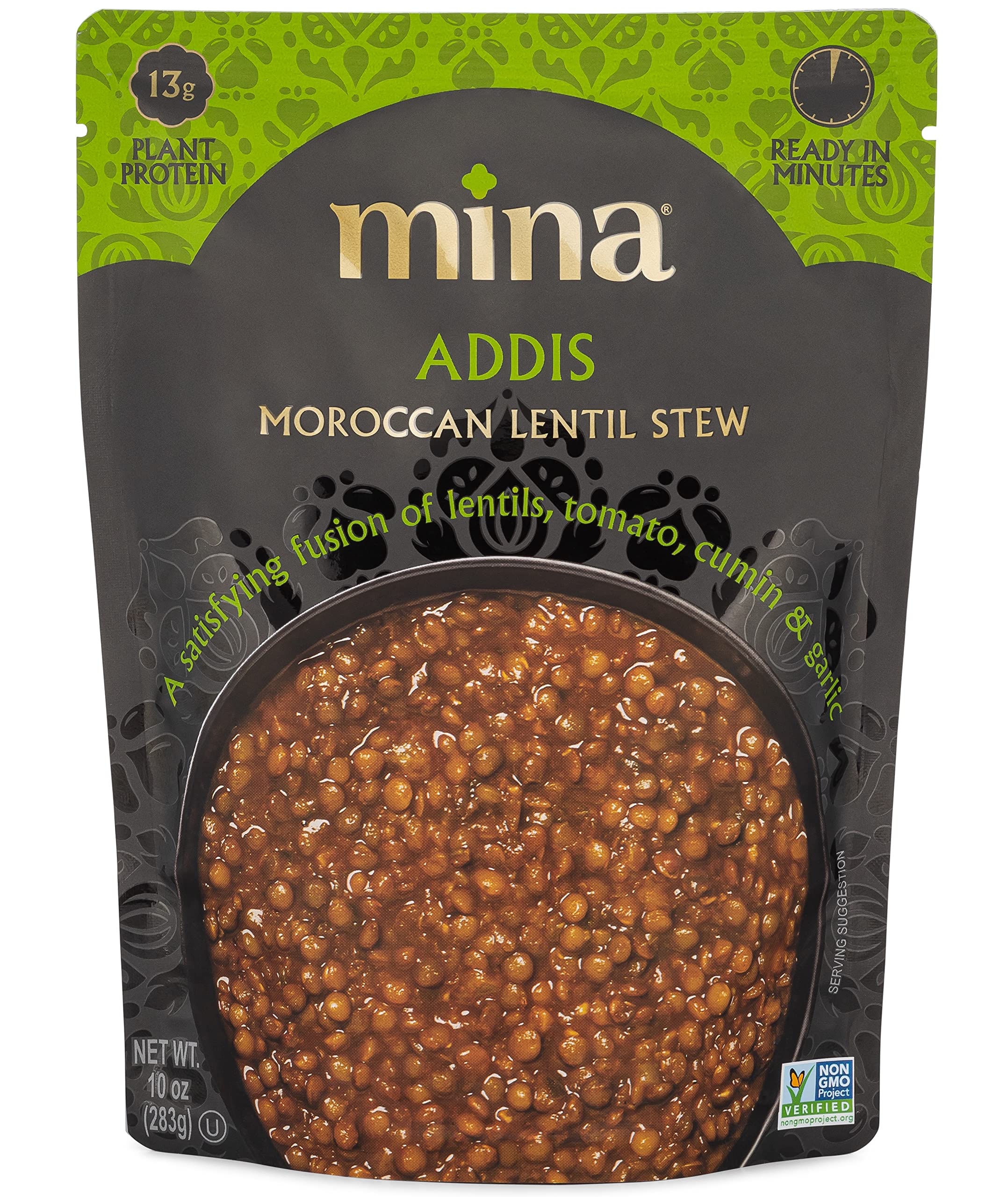 Mina Moroccan Lentils front packaging highlighting ready-to-eat, plant-based protein