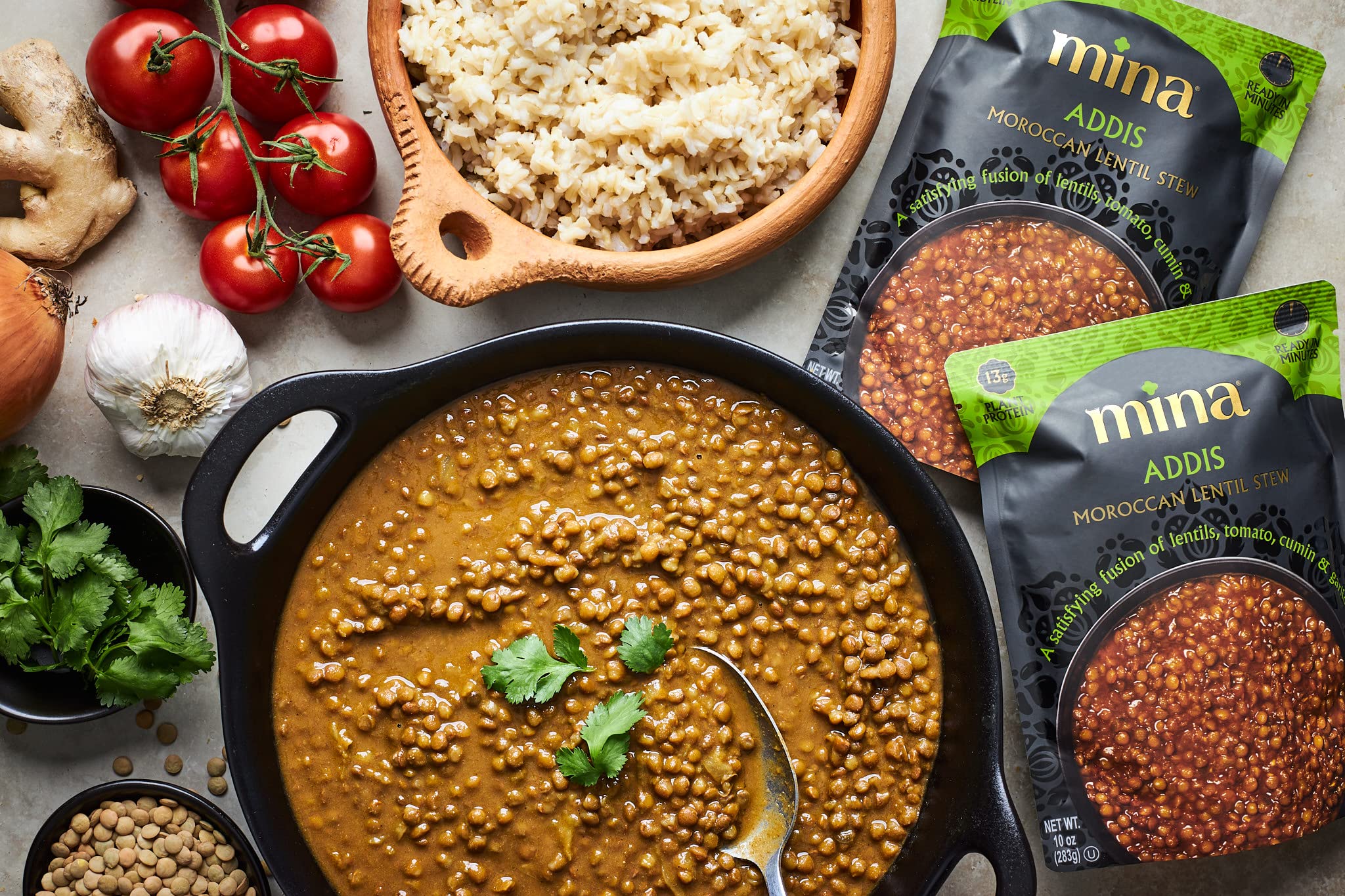 Mina Moroccan Lentils 10 oz packaging on pantry shelf, kosher and non-GMO