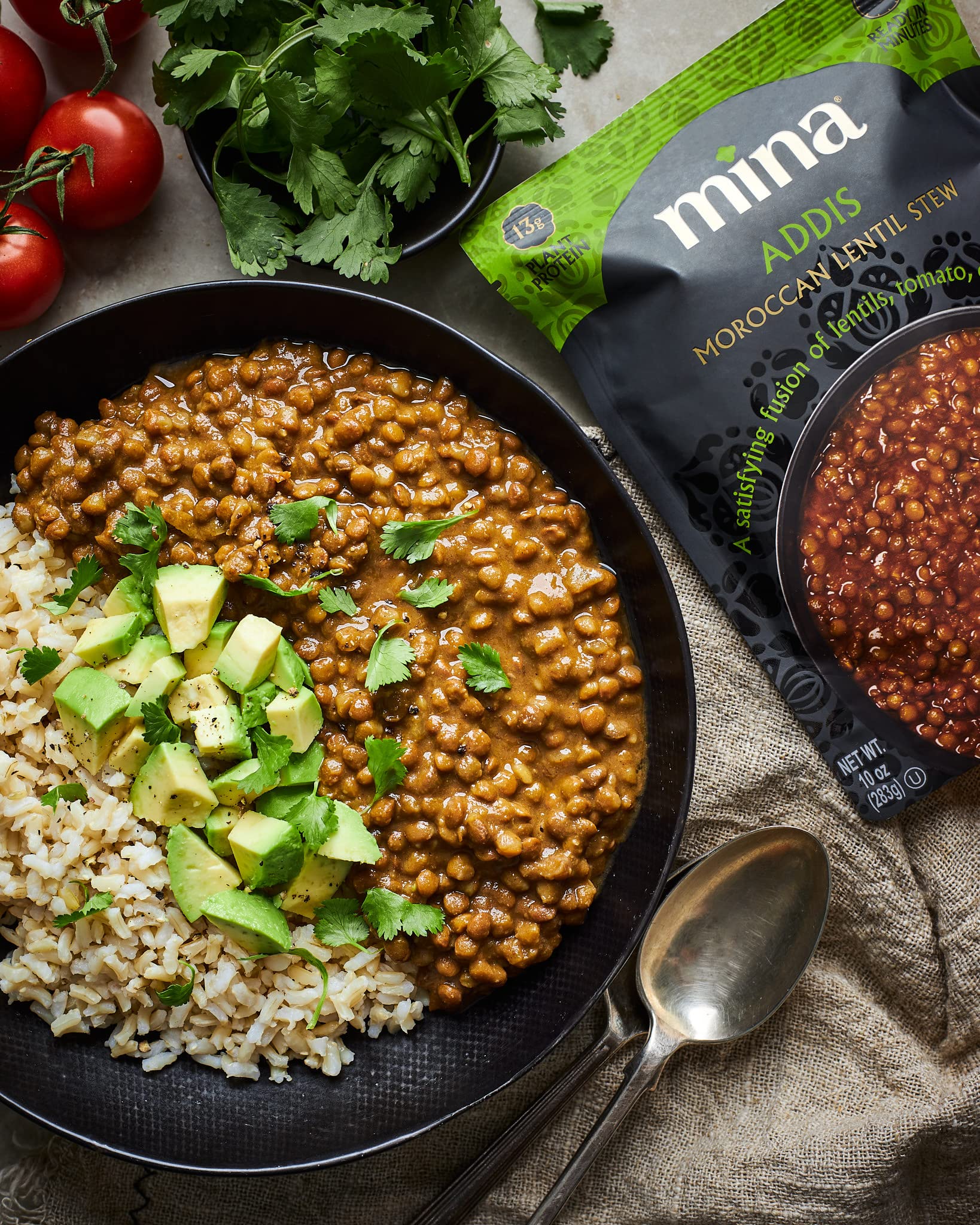 Mina Moroccan Lentils plated with rice for a balanced vegan meal