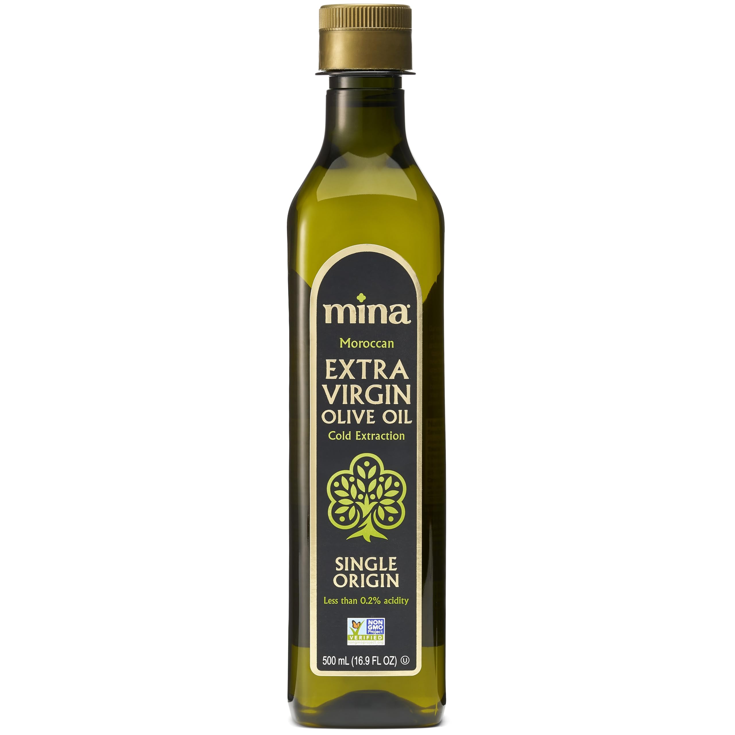 Mina Moroccan olive oil bottle front view, ideal for light drizzling and fresh dishes.