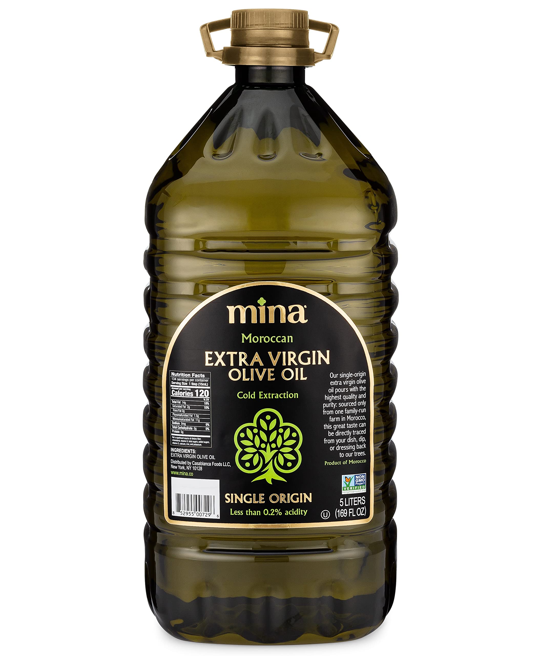 Mina Moroccan Olive Oil bottle with pure single-origin label, ideal for dressings.