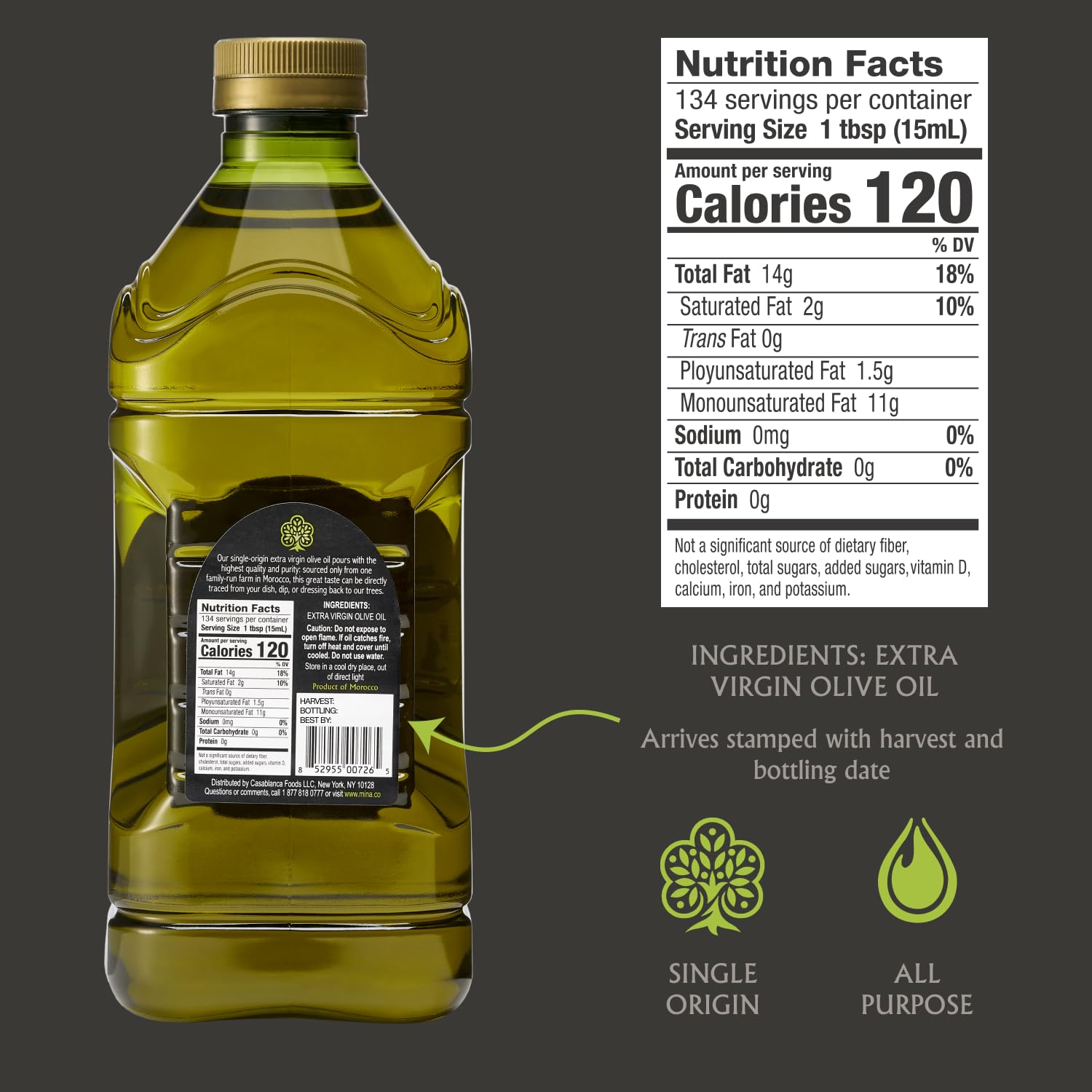 Mina Moroccan Olive Oil label closeup highlighting single-origin quality.