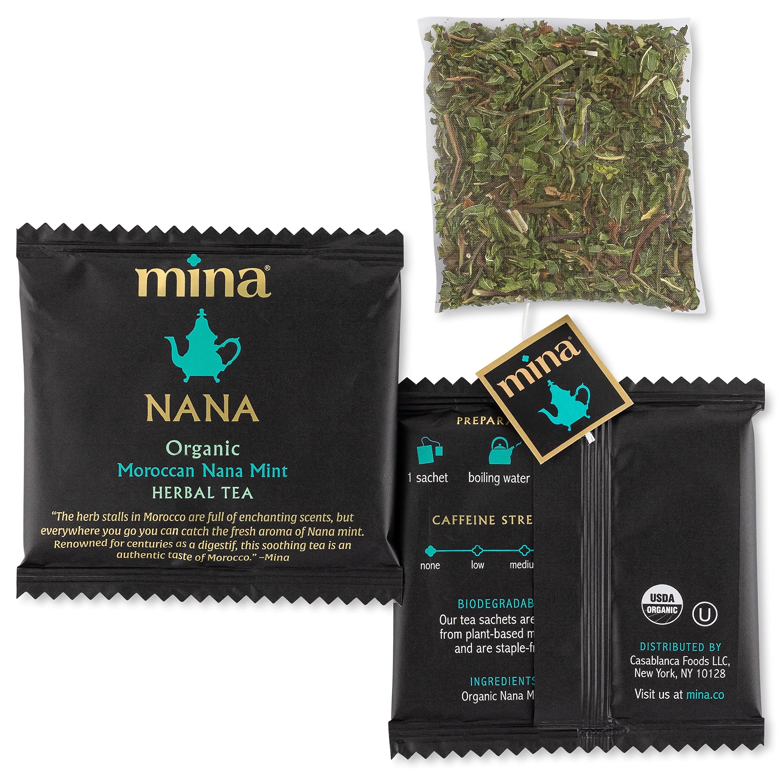 Mina Nana biodegradable sachets arranged; eco-conscious choice for daily tea.