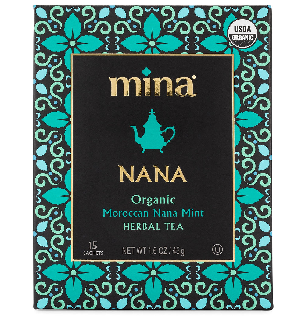Mina Nana Moroccan Mint tea steeping in cup; refreshing aroma and caffeine-free enjoyment.