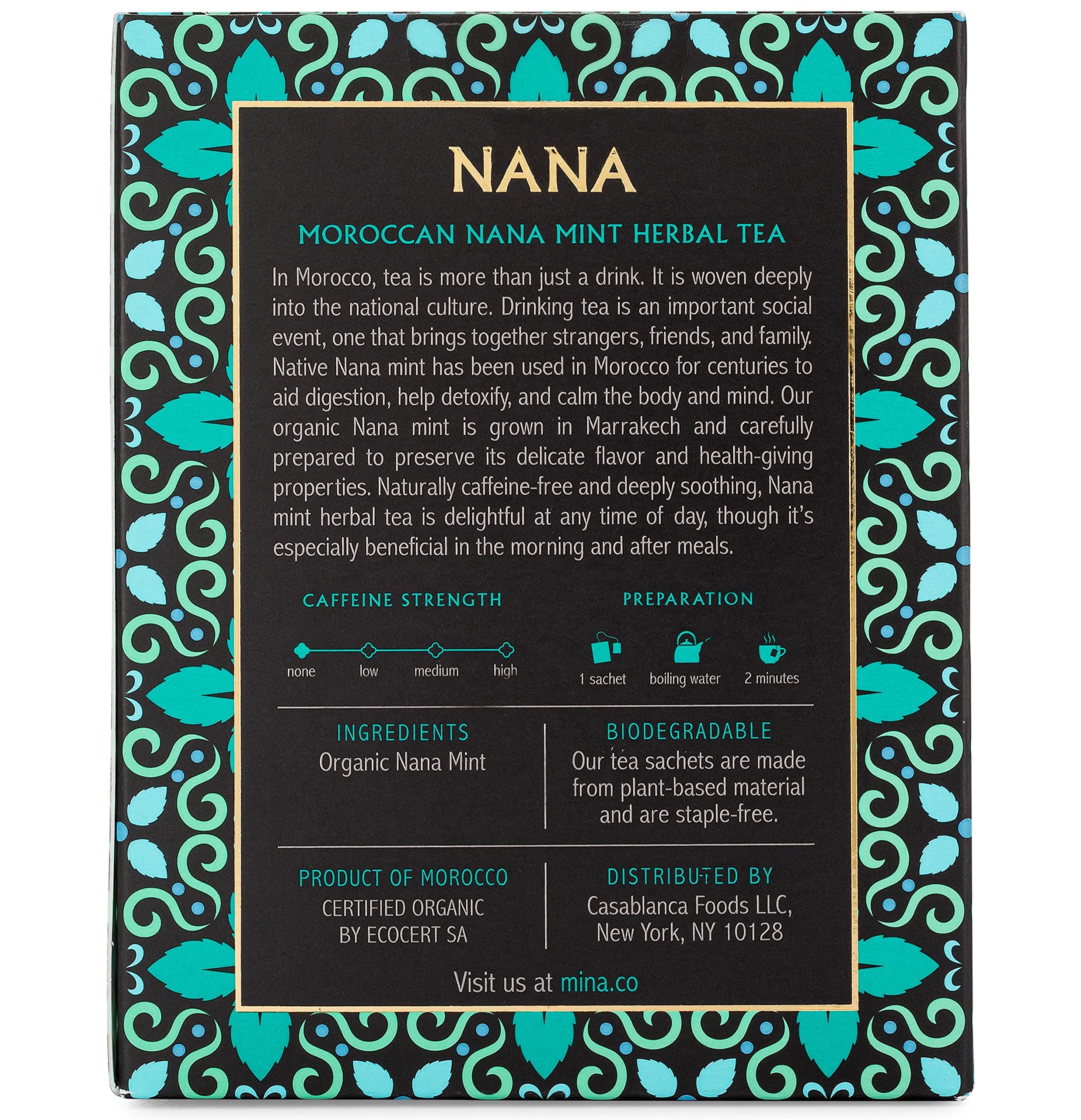 Mina Nana organic tea bags on shelf; showcasing sustainable packaging.