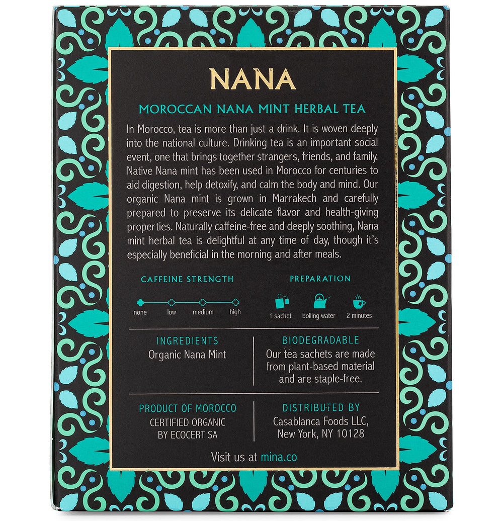 Mina Nana organic tea bags on shelf; showcasing sustainable packaging.