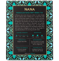 Mina Nana organic tea bags on shelf; showcasing sustainable packaging.