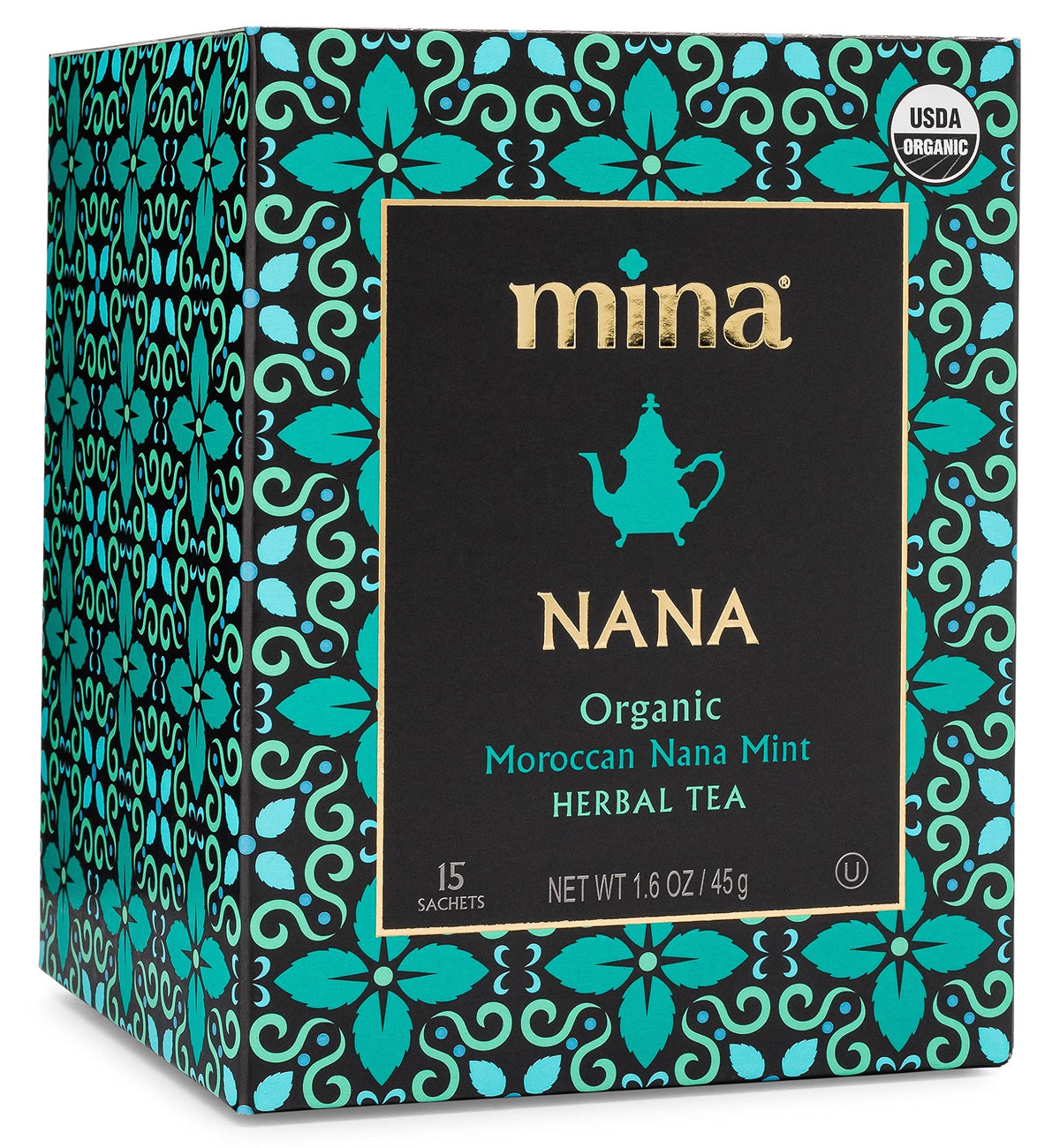 Mina Nana Moroccan Mint tea sachet close-up; eco-friendly biodegradable packaging.