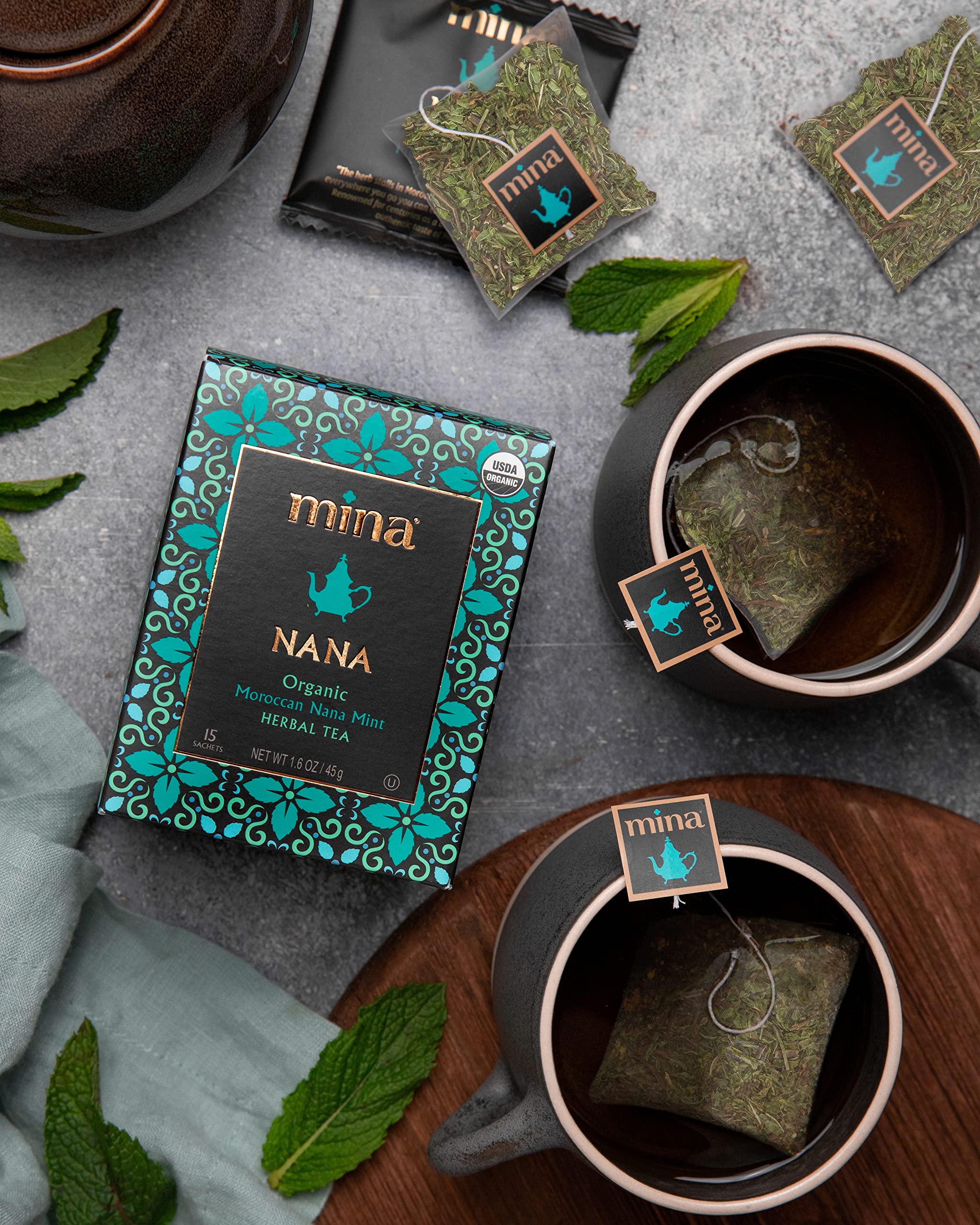 Mina Nana tea served in glass cup; soothing, caffeine-free ritual.