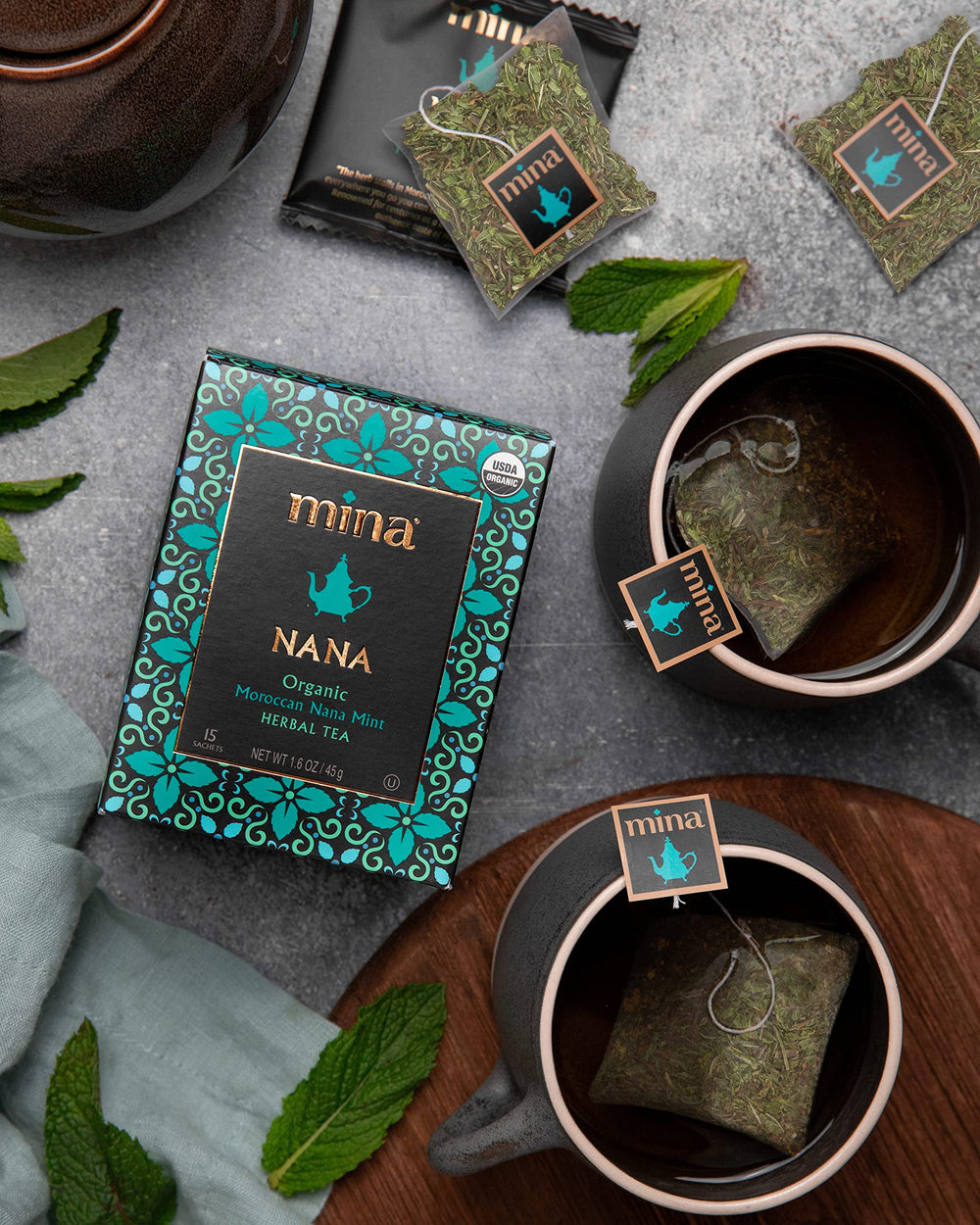 Mina Nana tea served in glass cup; soothing, caffeine-free ritual.