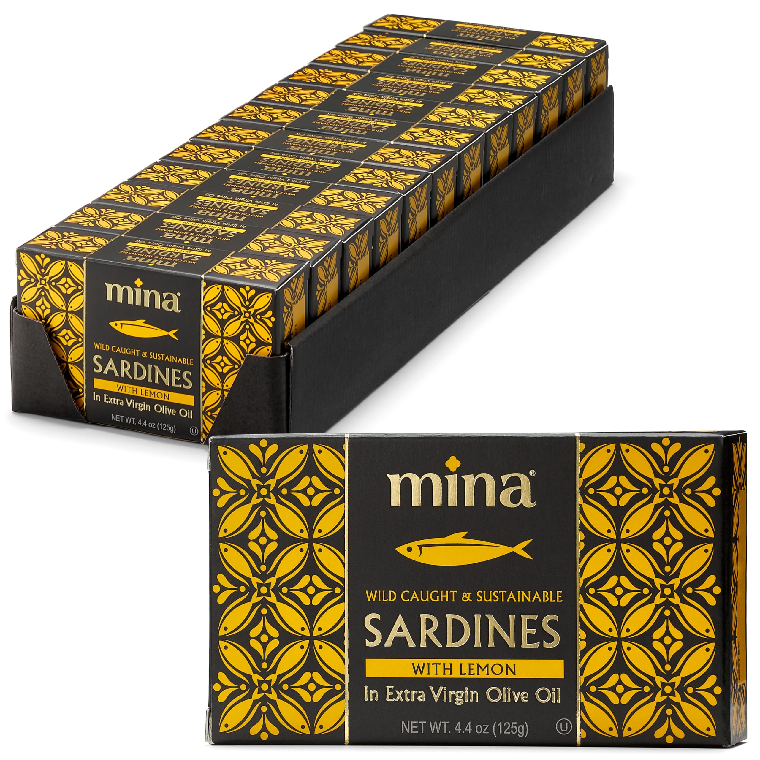 Mina Sardines lemon olive oil can on counter, premium protein.