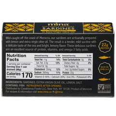 Mina Sardines wild caught olive oil bottle highlights sustainability.