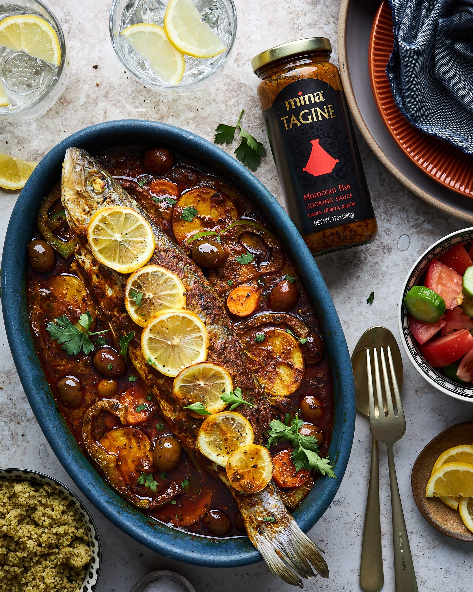 Mina Tagine Fish simmer sauce cooking pot ready to simmer.