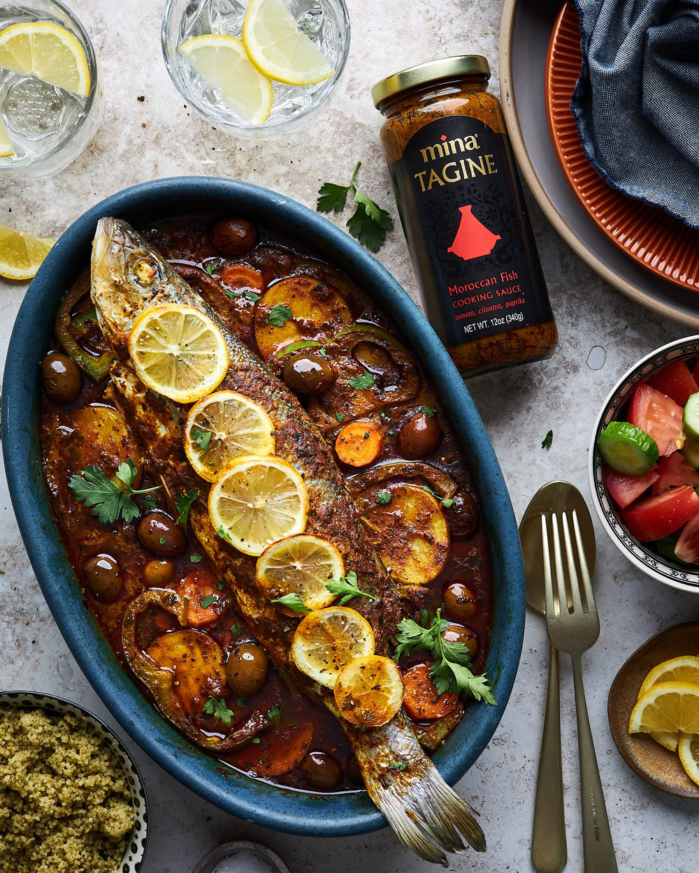 Mina Tagine Fish simmer sauce cooking pot ready to simmer.