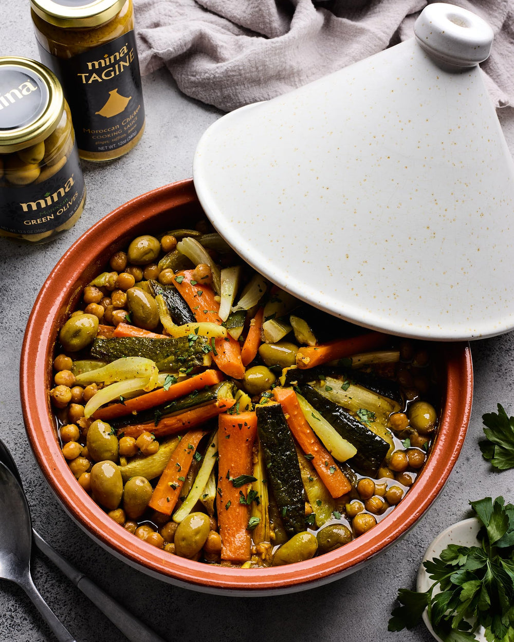 Mina Tagine kitchen setup ready for quick, flavorful weeknight meals.