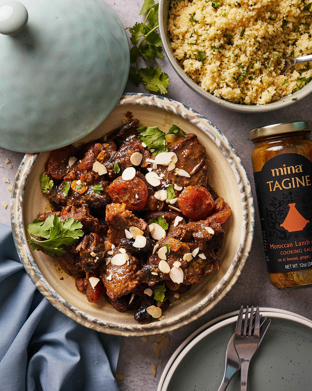 Mina Tagine Sauce back label highlighting gluten-free and vegan notes.