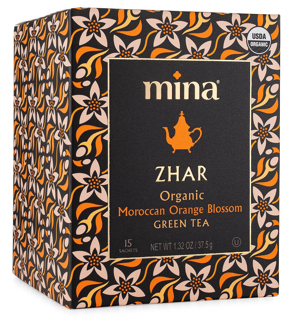 Mina Zhar orange blossom green tea box ready for a fragrant infusion