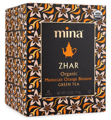 Mina Zhar orange blossom green tea box ready for a fragrant infusion