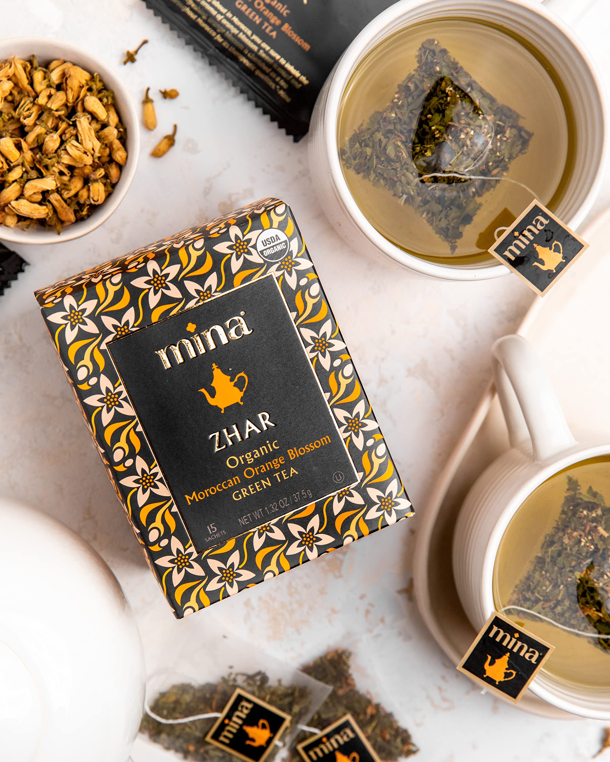 Mina Zhar organic green tea packaging signaling eco and quality