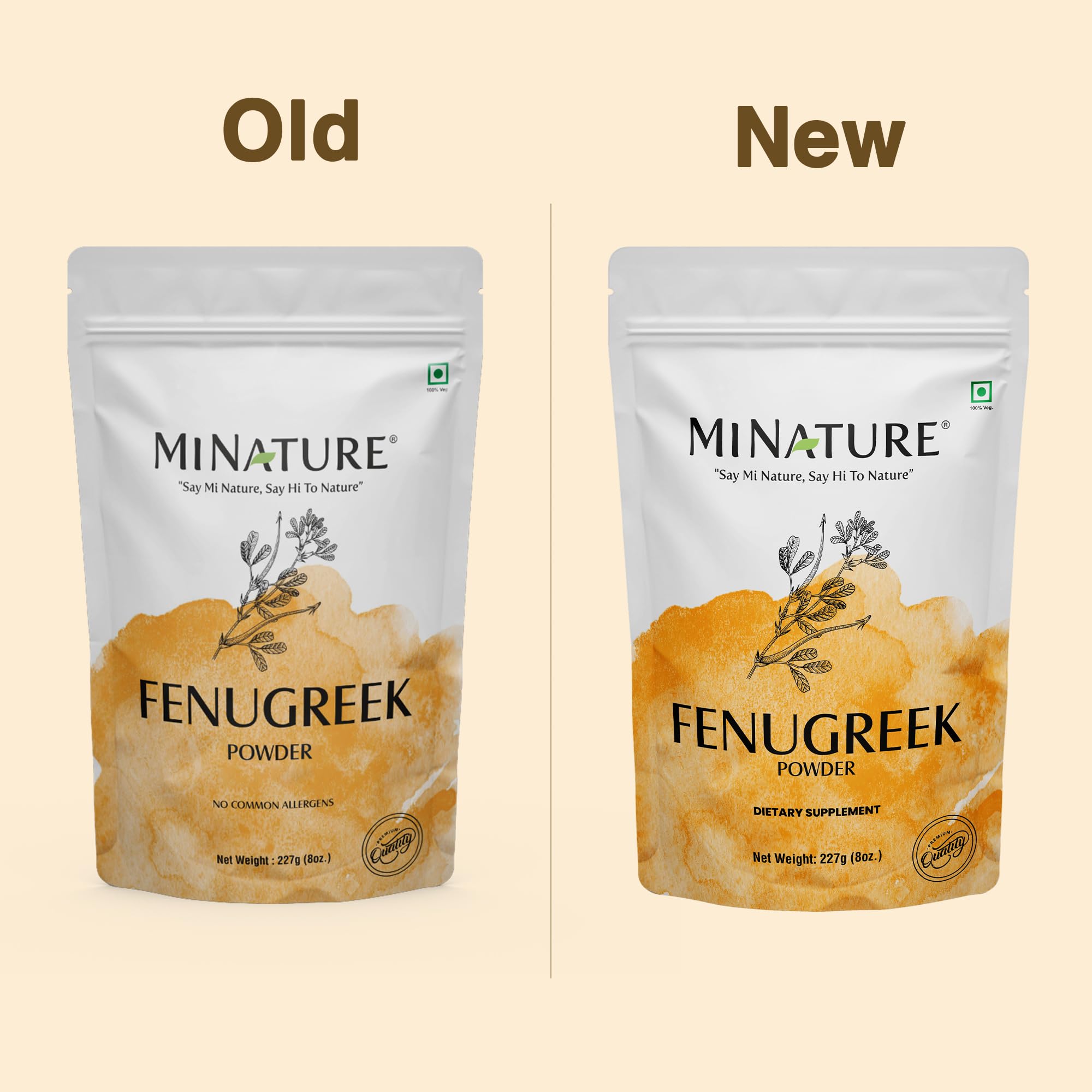 Minature Mi Nature Fenugreek Powder close-up texture shows earthy powder.