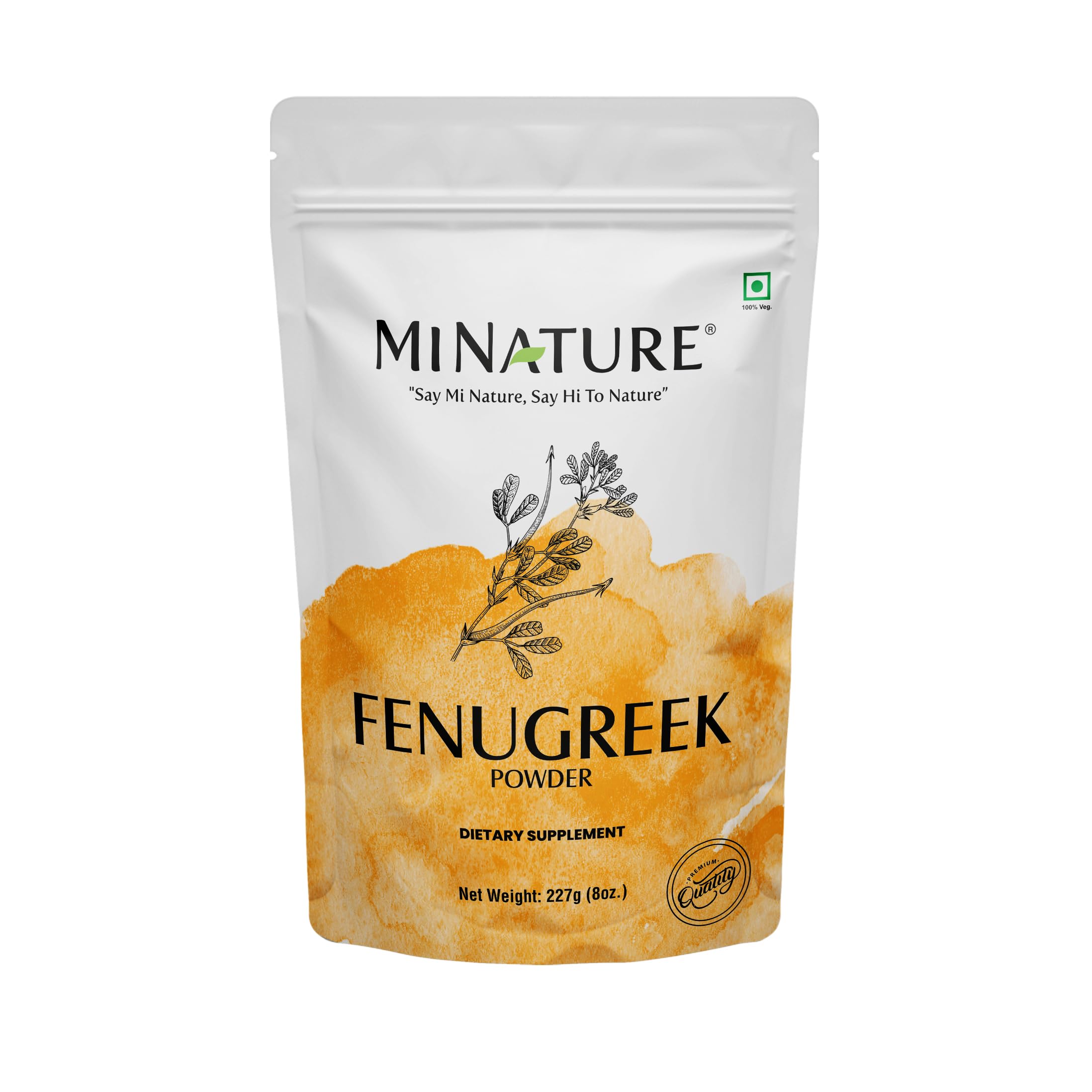Minature Mi Nature Fenugreek Powder packaging front, pure methi for cooking.