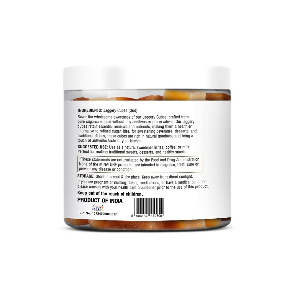 Minature mi nature jaggery cube ingredients label showing traditional processing.