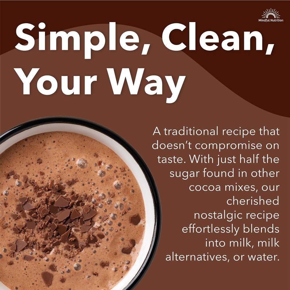 Cup of warm milk prepared with Mindful Nutrition Grandmas Organic Hot Chocolate Mix.